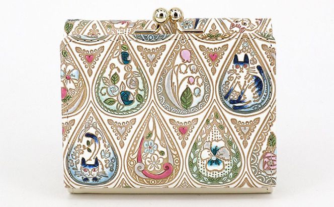 【文庫屋大関】三つ折りミニ財布　花と猫（インディゴ）【皮革工芸品】 ファッション 小物 民芸品 お札 カード 小銭 手のひらサイズ コンパクト 蝶々 牛革 手作り 国産 