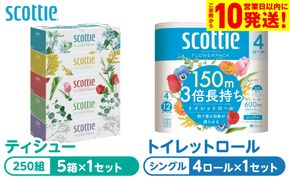 【スコッティ】 組み合わせ ティシュー フラワーボックス 250組 5箱 トイレットロール シングル フラワーパック 3倍長持ち 4ロール ティッシュ トイレットペーパー 日用品 防災備蓄 ストック 備蓄 新生活 防災 消耗品 生活用品 日用消耗品 箱ティッシュ 熊本県 八代市