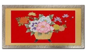 額装用 日本刺繍 「花かご」台生地「赤」×額装「シルバー」 刺繍 伝統工芸 愛西市 / 百武打敷店[AEBR009]