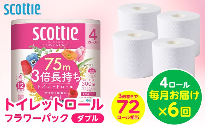【定期便6回】【毎月お届け】【スコッティ】 トイレットロール ダブル フラワーパック 3倍長持ち 4ロール 計24ロール 香りつき トイレットペーパー 日用品 生活必需品 防災備蓄 ストック 備蓄 新生活 防災 消耗品 生活用品 日用消耗品 熊本県 八代市