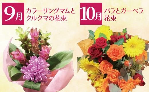 【全４回】季節感じる生花の定期便 (9月～12月に毎月お届け) 花 クリスマス お正月 リース クルクマ バラ 薔薇 ガーベラ マム 菊 H092-068