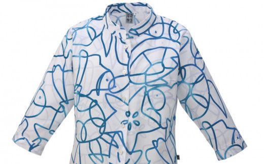 レディースかりゆしウェア　クマノミと亀とヒトデ柄　オフ/コン　7号　S1129