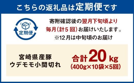 【5ヶ月定期便】＜宮崎県産豚 ウデモモ 小間切れ 400g×10袋（10袋×5回）＞ お申込みの翌月下旬頃に第一回目発送（12月は中旬頃）【c1380_mc_x1】 豚肉 お肉 肉