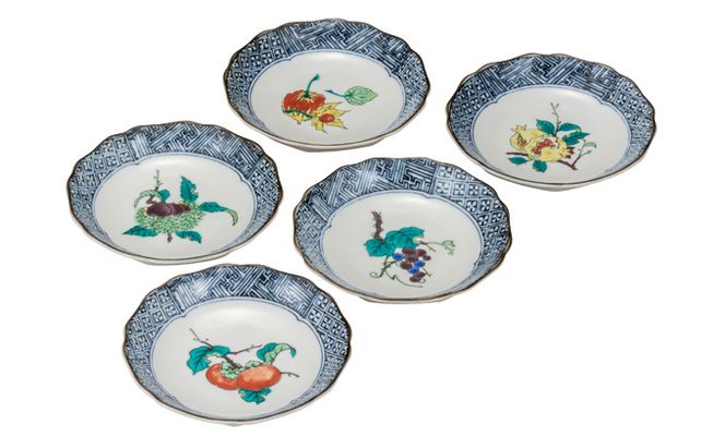 九谷焼　4.2号皿揃　果実絵変り（5枚セット）a01 工芸品 