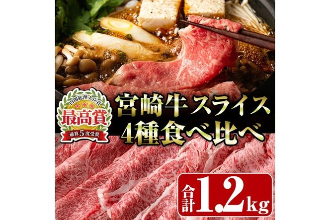 宮崎牛4種食べ比べスライス(合計1.2kg) 牛肉 もも 肉  焼肉 肩ロース ウデ バラ スライス すき焼き しゃぶしゃぶ 鍋  精肉 お取り寄せ 黒毛和牛 ブランド和牛 冷凍 国産【R-87】【ミヤチク】