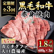 isa848 【定期便3回】鹿児島県(カミチクファーム 大口農場)産 黒毛和牛赤身焼肉(計1.8kg) 黒毛和牛 赤身 焼肉 和牛 国産牛 高級肉 A5 ランク 雌牛 牛肉 焼肉用 BBQ バーベキュー アウトドア キャンプ 高タンパク 冷凍 小分け 【お肉の直売所 伊佐店】