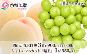 桃 ぶどう 2026年 先行予約 清水白桃 3玉合計 約900g（1玉約300g） シャインマスカット 晴王 1房 550g以上 詰合せ 白桃 もも 葡萄 ブドウ シャイン マスカット 岡山県産 国産 フルーツ 果物 桃茂実苑
