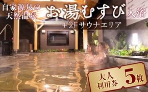 自家源泉の天然温泉 お湯むすび入浴+2Fサウナエリア大人利用券5枚