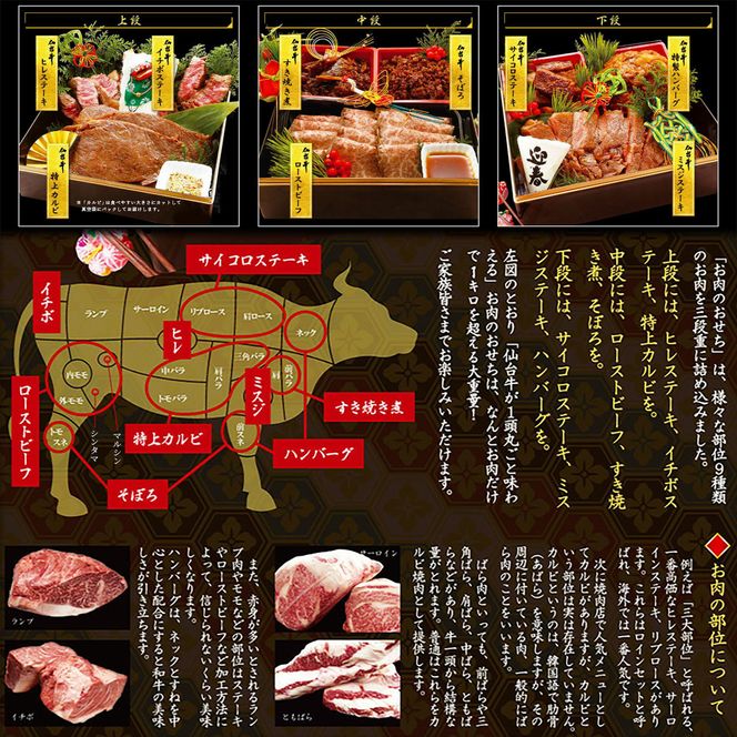 肉のいとう 最高級A5ランク 仙台牛 お肉のおせち 3段重（5～7人前）【食品 惣菜 おせち料理 御節 お取り寄せグルメ 加工食品  年内発送 2027 期間限定】 041009_AP011
