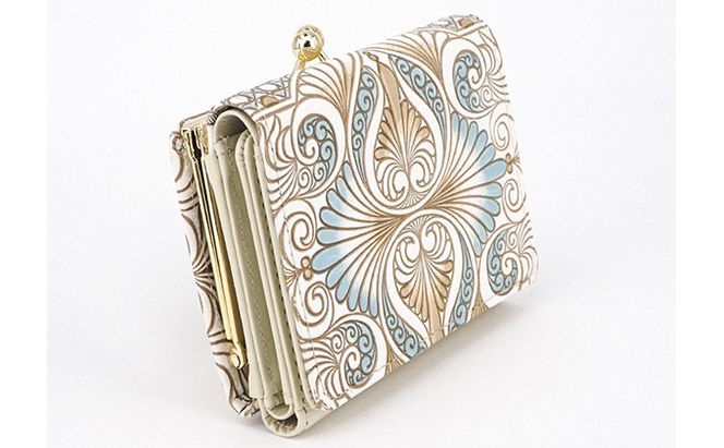 【文庫屋大関】三つ折りミニ財布　ロカイユ（ブルーグレー）【皮革工芸品】 ファッション 小物 民芸品 お札 カード 小銭 手のひらサイズ コンパクト 大人かわいい 牛革 手作り 国産 