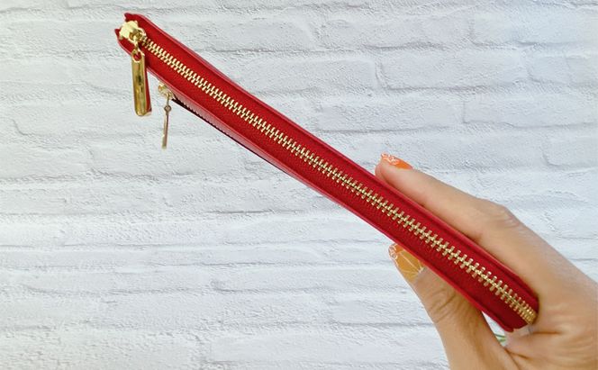 薄くて軽くて大容量なL字長財布 14枚カードポケット 牛革 シュリンク レッド