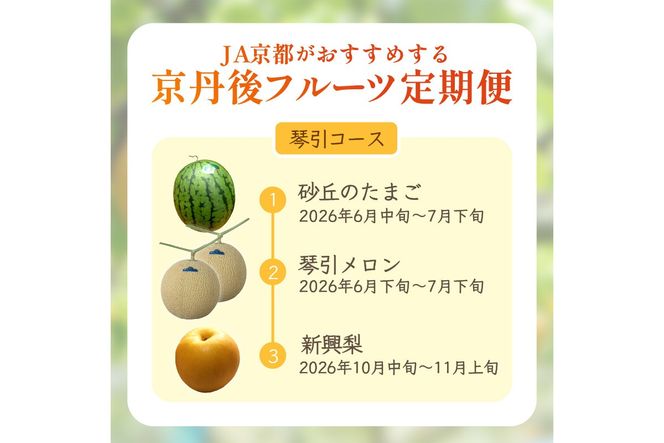 JA京都がおすすめする京丹後フルーツ定期便～琴引コース～（2026年6月中旬～発送）  京のブランド産品 メロン めろん 梨 なし ナシ スイカ 西瓜 すいか 国産 砂丘 甘い 高糖度 高級 期間限定 ふるさと納税 フルーツ 先行予約 お取り寄せ 農協　JK00040