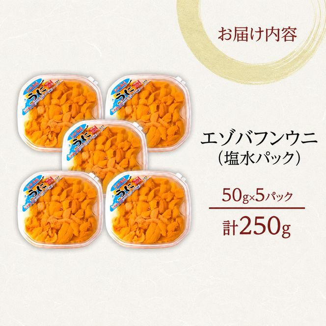 北海道 礼文島産 採れたて ミョウバン不使用 エゾバフンウニ 塩水パック 250g(50g×5個)［株式会社やまじょう］【 うに ウニ 雲丹 生うに 塩水うに バフンウニ 滅菌海水 海鮮 うに丼 濃厚 甘み 】