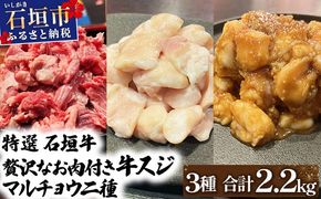 【2025年11月以降順次発送】特選石垣牛の牛スジとマルチョウ、秘伝の味噌味をご家庭で！！牛スジ500g×2、マルチョウ300ｇ×2、味噌味マルチョウ300ｇ×2の大満足のよくばりセット