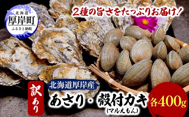 訳あり 北海道 厚岸産 砂抜き済み あさり400g ＆ 殻付き 牡蠣  400g 【光輝】 [ 魚貝類 海鮮 海の幸 みそ汁 酒蒸し アサリバタ 産地直送 生食用牡蠣 生食用 牡蠣 カキ ］
