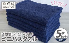 knt0071 普段使いにぴったりのミニバスタオル 5枚【ネイビー 泉州タオル 高品質 綿100％ 日本製 国産 単色 シンプル】