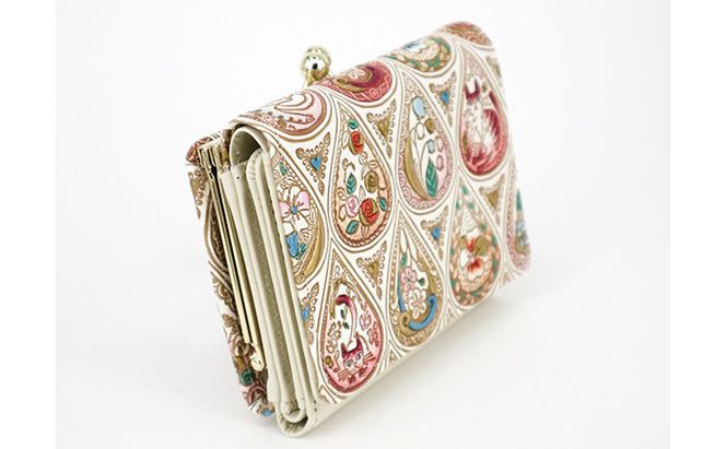 【文庫屋大関】三つ折りミニ財布　花と猫（ローズ）【皮革工芸品】 ファッション 小物 民芸品 お札 カード 小銭 手のひらサイズ コンパクト 蝶々 牛革 手作り 国産 