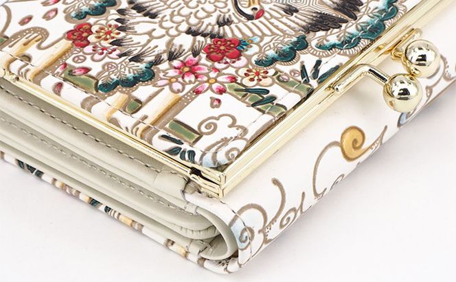 【文庫屋大関】三つ折りミニ財布　むかい鶴【皮革工芸品】 ファッション 小物 民芸品 お札 カード 小銭 手のひらサイズ コンパクト 亀甲文様 牛革 手作り 国産 