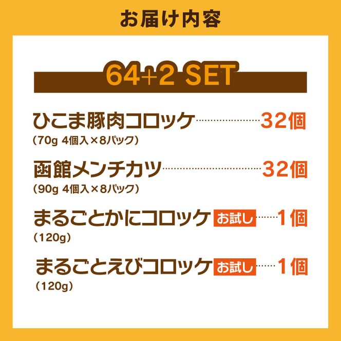 ひこま豚肉コロッケ・函館メンチカツセット 計64個＋お試し「海鮮コロッケ」2個付き　ひこま豚 コロッケ 函館 メンチカツ セット お試し 揚げるだけ 簡単調理 夕食 晩御飯 おかず おつまみ 惣菜 冷凍 食品 食べ物 お取り寄せ グルメ 北海道 函館市 送料無料_HD086-009