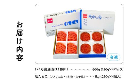 いくら醤油漬け600g･塩たらこ（1本物・切子込）1kg お正月 人気 魚卵 高級 イクラ 鱒いくら 魚卵 魚介 魚介類 海鮮 ご飯のお供 ごはんのお供 北海道 留萌 おせち R001-029