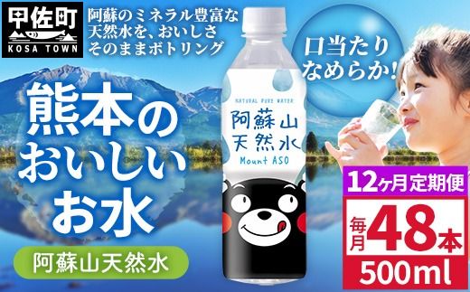【定期便12ヶ月】熊本のおいしいお水 阿蘇山天然水 500ml×48本（2ケース）（共通返礼品・御船町） - 天然水 水 飲料水 ミネラルウォーター 箱買い まとめ買い ペットボトル 飲料 ウォーター 軟水 防災グッズ 防災 備蓄 ローリングストック ストック 熊本県