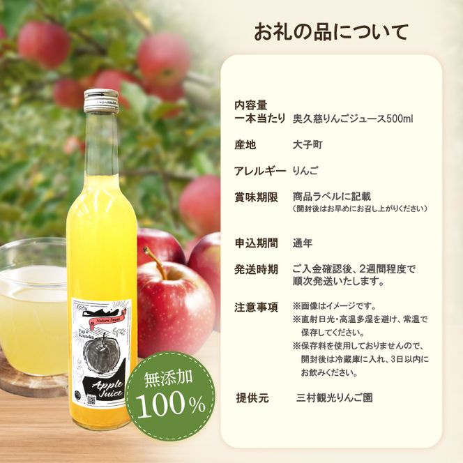 樹上完熟 奥久慈りんごジュース 500ml×2本セット【三村観光りんご園】｜茨城県 大子町 完熟 林檎 こうとく サンフジ ブレンド リンゴジュース アップルジュース 100％ ストレート 無添加 ギフト 飲料(BX013)