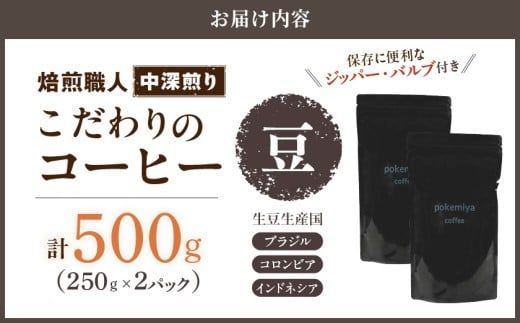 焙煎職人こだわりのコーヒー【豆】500g 小分けパック(ジッパー・バルブ付) ※中深煎り※ポスト投函_LC-3302_(都城市) 250g×2パック 少量パック ジッパー・バルブ付き 保存に便利 ポスト投函 珈琲 選べる コーヒー ブラジル コロンビア インドネシア 宮崎県 都城市