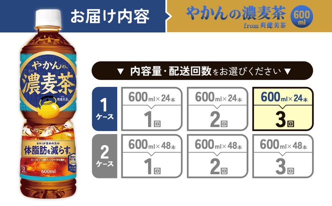 【3回定期便】やかんの濃麦茶 from 爽健美茶 600ml PET×24本（１ケース）合計72本【コカコーラ】 日本茶 お茶 麦茶 ペットボトル カフェインゼロ 常温 送料無料 こども 美容 むくみ BMI 体脂肪