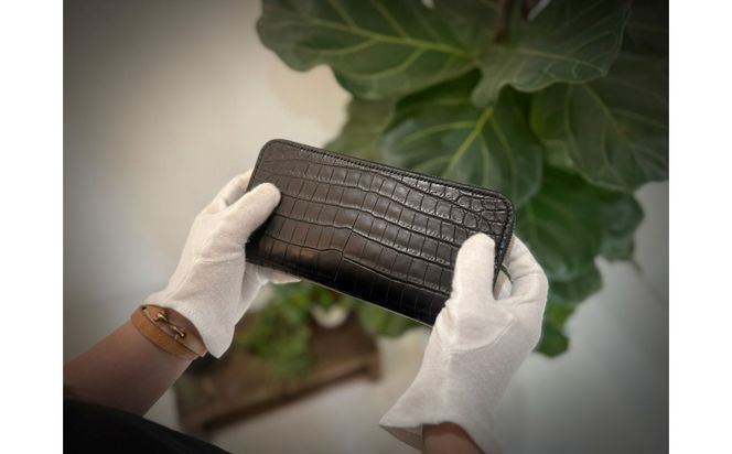 【極上】クロコダイルラウンドファスナー長財布 マットBLK 304018_AX19