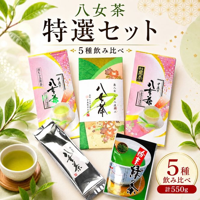 お茶 八女茶 茶葉 銘茶 福岡 特選セット 5種  計550g 老舗 製茶店 逸品 日本茶 緑茶 八女茶 煎茶 旨味 贈り物 深蒸し上煎茶 便利 粉末 手軽 家庭用 普段使い