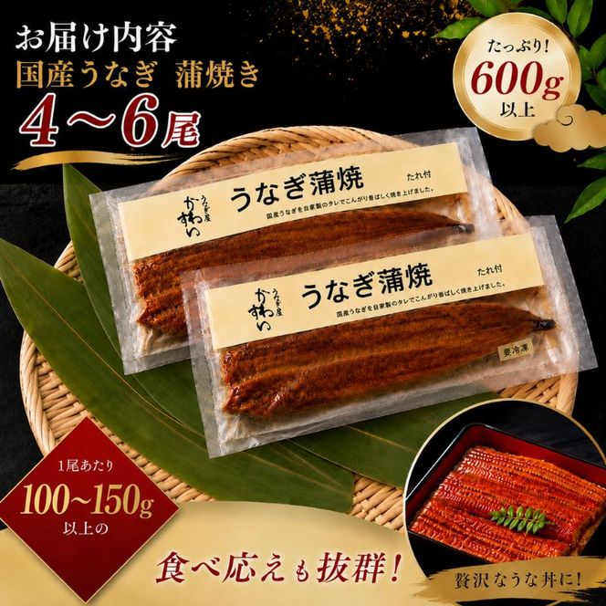 うなぎ 蒲焼き 国産 4～6尾 合計600g以上 タレ8個付き 鰻 ウナギ かば焼き 長焼き 冷凍 真空パック 湯せん 土用の丑の日 うな丼 うな重 ひつまぶし 惣菜 セット かわすい 国産うなぎ 鰻蒲焼 うなぎ蒲焼 専門店 川口水産 香川県 東かがわ市 46312804