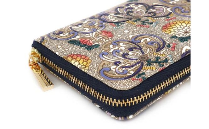 【文庫屋大関】 大容量　ぐるっとファスナーの長財布　乱菊＜青紫＞【皮革工芸品】 ファッション小物 民芸品 