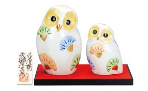 九谷焼　6号夫婦ふくろう　白盛（台・敷物・立札付）　a05 