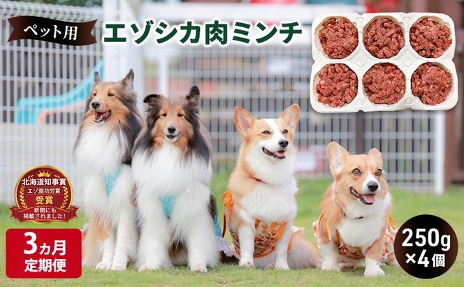 3ヵ月定期便 ペットのおやつ【エゾシカ肉のミンチ】250g×4 南富フーズ株式会社 鹿肉 ジビエ 餌 犬 猫 鹿 ペット 健康 無添加 肉 北海道 南富良野町 エゾシカ 