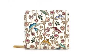 【文庫屋大関】二つ折りファスナーミニ財布 枝垂れ花鳥【皮革工芸品】財布 二つ折り 小物 お札 カード 小銭 コンパクト 牛革 手作り 日本製 墨田区 東京都