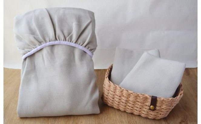 G1960 【tissu de coton/ハニカム織】泉州南部織 「ボックス」ダブルシーツ＆ピロー2枚（LGY）