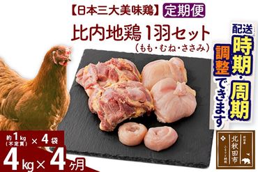 《定期便4ヶ月》 比内地鶏 1羽セット（もも・むね・ささみ） 約4kg（約1kg（不定貫）×4袋）×4回 計16kg 時期選べる お届け周期調整可能 4か月 4ヵ月 4カ月 4ケ月 16キロ 国産 冷凍 正肉 鶏肉 鳥肉|jaat-021404