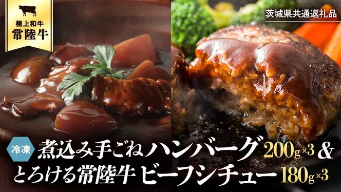 【茨城県共通返礼品】常陸⽜100％　煮込み手ごねハンバーグ（200g×3パック）とろける常陸牛ビーフシチュー（180g×3パック） 八千代町産 白菜 使用 ハンバーグ ビーフシチュー 常陸牛 お肉 牛肉 和牛 セット 惣菜 レトルト グルメ お取り寄せ 冷凍 [AU012ya]