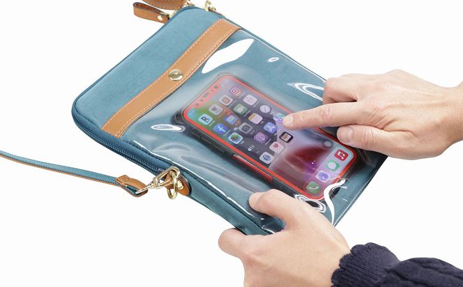 豊岡工房 牛革使い スマホが触れるショルダー（4185）ブルー / ショルダーバッグ スマホをいれたまま操作可能 ナイロン素材 薄マチ 軽量 ポシェット 斜めがけ メンズ レディース かばん カバン バッグ 鞄 国産 日本製 小田清株式会社