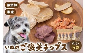 いぬのご褒美チップス20g×5袋 ペットフード 犬 無添加 おやつ 美味しい ご褒美 ドッグフード ドライ いぬ 犬用 いぬ用 愛犬用 R030-018