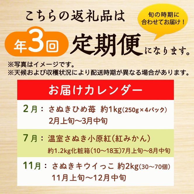 讃岐のフルーツ3回定期便【A】【さぬきひめ苺】【温室さぬき小原紅(紅みかん) 】【さぬきキウイっこ】