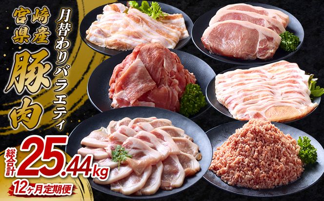 【12ヶ月定期便】宮崎県産 いもこ豚 月替わり定期便 25.44kg 12回 毎月 お楽しみ 満喫 満足 堪能 セット しゃぶしゃぶ 切り落とし 小分け 真空パック 豚 豚バラ ロース 肩ロース スライス 小間切れ 豚丼 しょうが焼き 国産 九州産 宮崎 ブランド 冷凍 送料無料