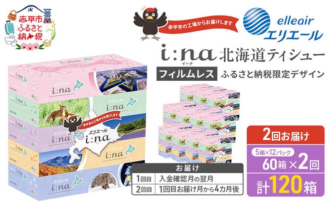 【2回お届け 計120箱】エリエール i:na (イーナ) 北海道 ティシュー 150組5箱 12パック フィルムレス ふるさと納税限定デザイン イーナ ボックスティシュー 箱ティッシュ ペーパー 備蓄品 花粉 赤平市