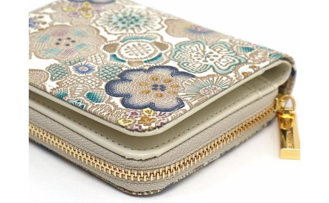 【文庫屋大関】二つ折りファスナーミニ財布 春らんまん＜瑠璃＞【皮革工芸品】財布 二つ折り 小物 お札 カード 小銭 コンパクト 牛革 手作り 日本製 墨田区 東京都