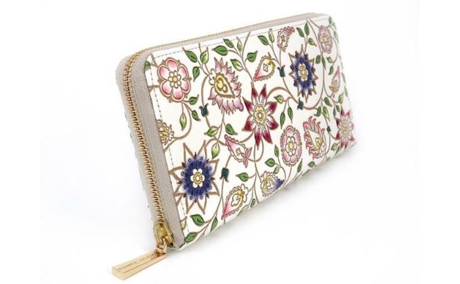 【文庫屋大関】 大容量　ぐるっとファスナーの長財布　花更紗【皮革工芸品】 ファッション小物 民芸品 