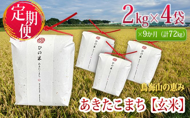米 お米 《定期便》8kg×9ヶ月 秋田県産 あきたこまち 玄米 2kg×4袋 神宿る里の米「ひの米」（お米 小分け）