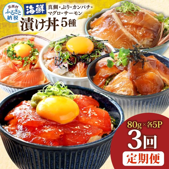漬け丼5種セット 真鯛・ブリ・カンパチ・マグロ・サーモン 1食80g×各5P 3回定期便 タイ 鰤 鮪 海鮮丼 刺身 海鮮 魚介 魚 お茶漬け 炊き込みご飯 惣菜 おかず 冷凍 配送