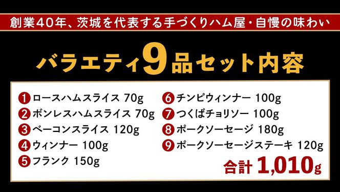筑波ハム バラエティ 9品 ( ハム ベーコン ソーセージ ) 合計1010g 茨城県産 『 常陸の輝き 』 ブランド豚 銘柄豚 ( 茨城県共通返礼品 ) 詰合せ 詰め合わせ 肉 豚 ウィンナー 熟成 [FA003us]