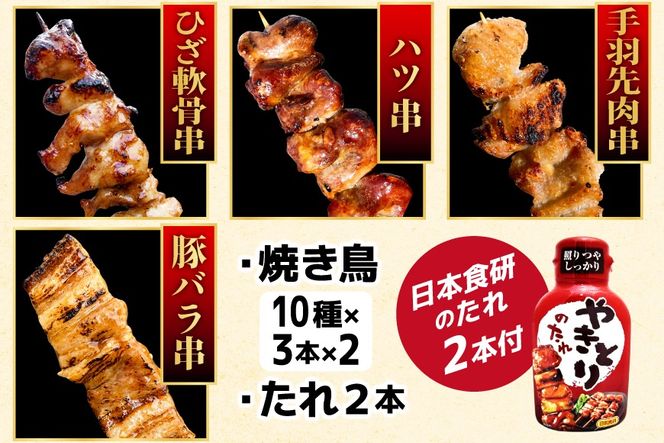焼き鳥 たれ付き 焼鳥 10種 30本 2セット 計60本 [山本食肉有限会社 山梨県 韮崎市 20745491] タレ たれ やきとり セット 焼き鳥セット 冷凍 便利 串 ねぎま もも 鳥皮 つくね ぼんじり 砂肝 軟骨 ハツ 手羽先 豚バラ