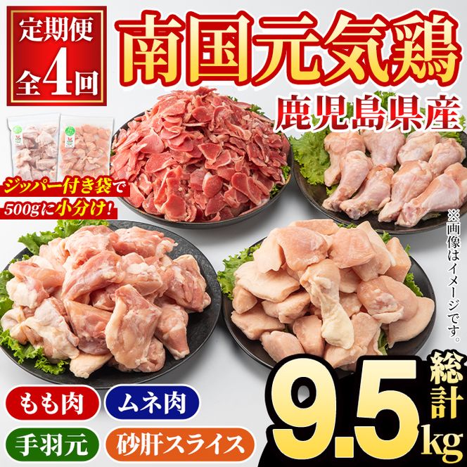 ＜定期便・全4回(隔月)＞鹿児島県産！南国元気鶏 もも肉・ムネ肉・手羽元・砂肝スライス定期便(総計9.5kg) 国産 九州産 鹿児島産 モモ肉 鶏モモ むね肉 胸肉 鶏ムネ 手羽元 砂肝 小分け 定期便 おかず おつまみ 【さるがく水産】akn028-43